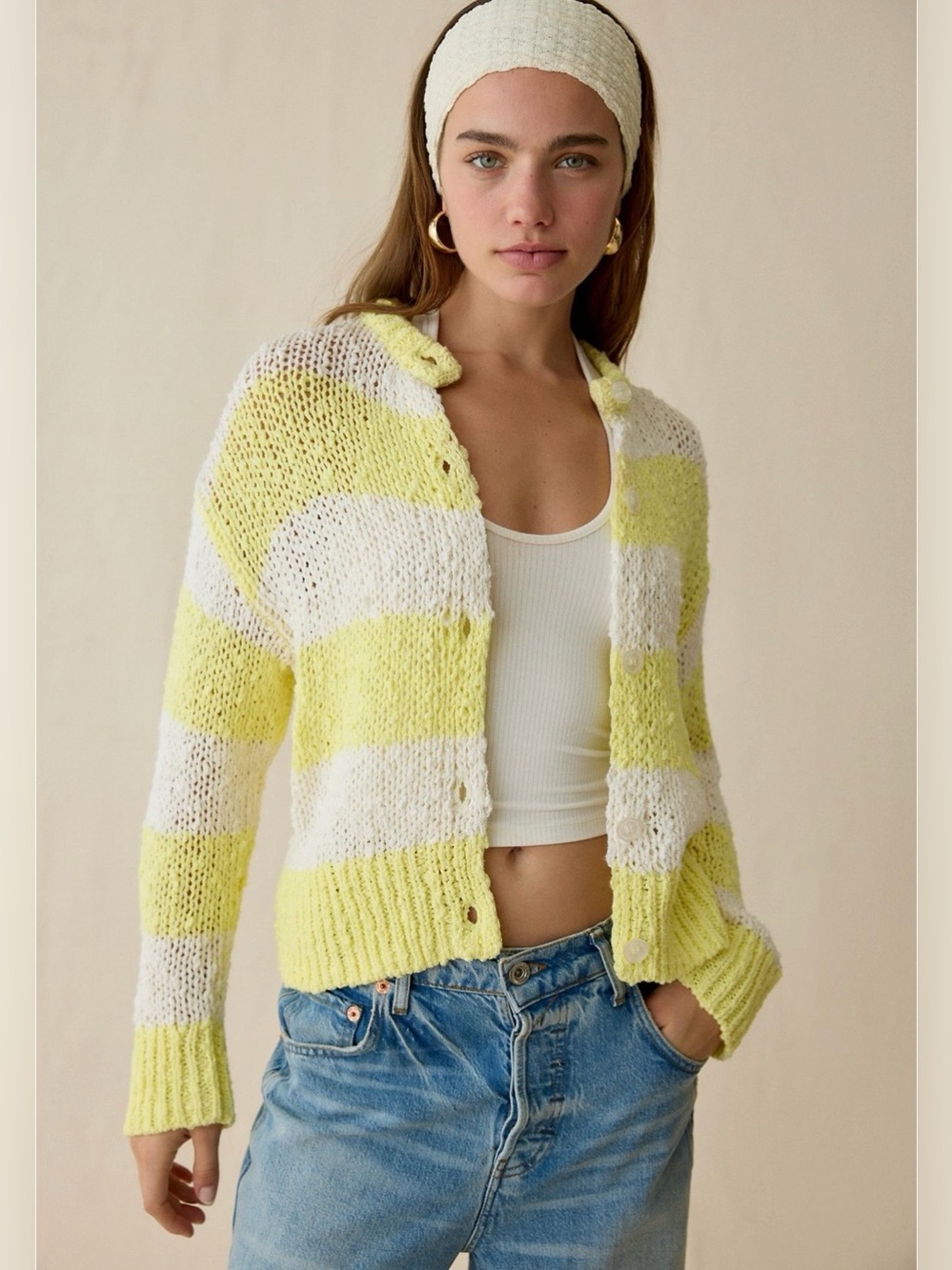 BDG Bridget Cotton Slub Knit Oversized Cardigan Yellow Stripe Sz XL Brand New!